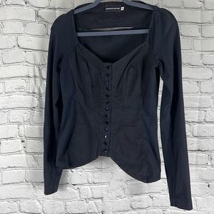 European Culture Womens Blouse Buttoned Quarter Sleeve Fitted Blue Black Small